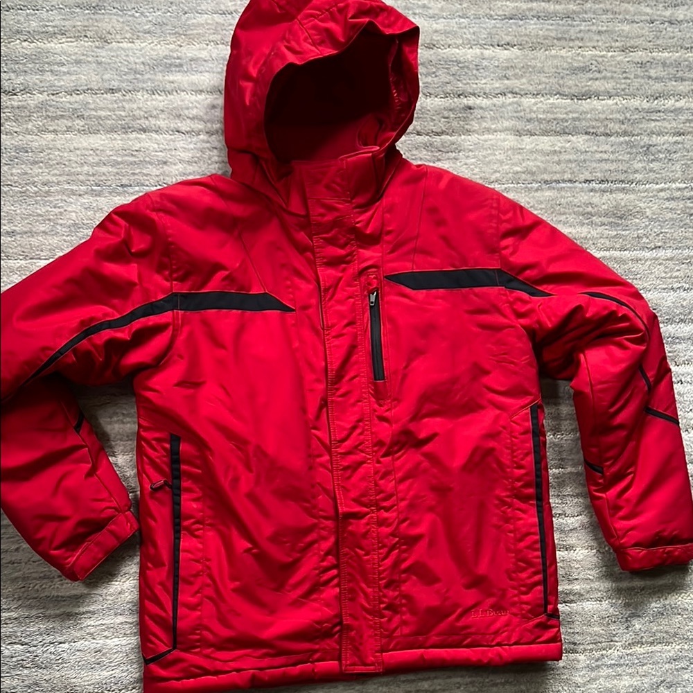 L.L. Bean Red and Black Puffer Jacket with Hood and Weather-Resistant Material